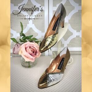 3/$30 Ros Hommerson Vintage Women's Gold Silver Bronze Snakeskin Print Heels